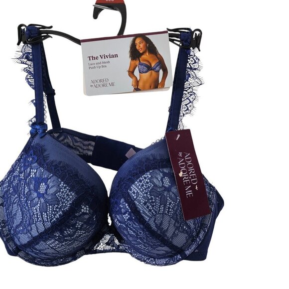 Adore Me Woman’s Blue Vivian Lace Mesh Push Up Underwire Bra – Size 38C NWT - Picture 9 of 15